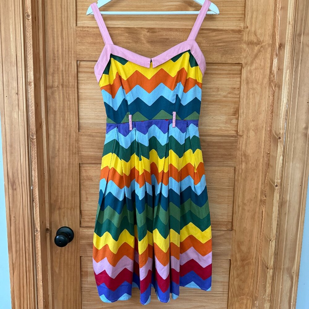 Collectif London Colorful Rainbow Striped Retro Pleated Midi Dress Pockets sz 6